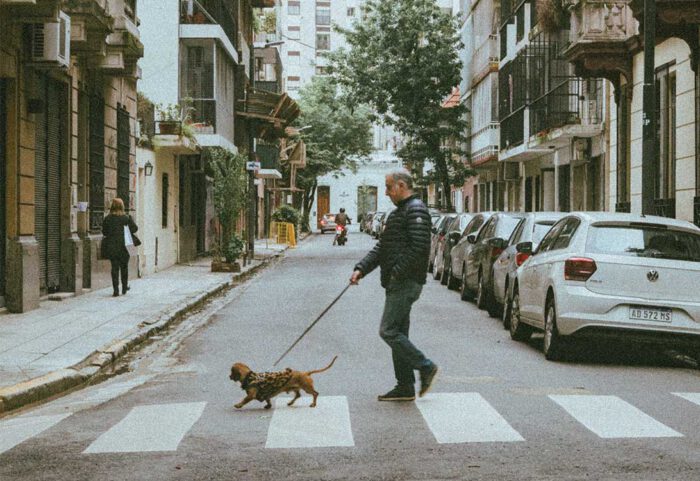 Man with a dog crossing the road