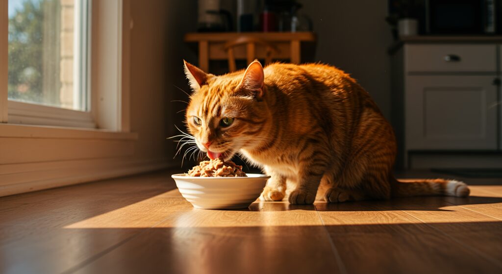 Orange tabby cat eating wet food from a bowl beside a sunny window.