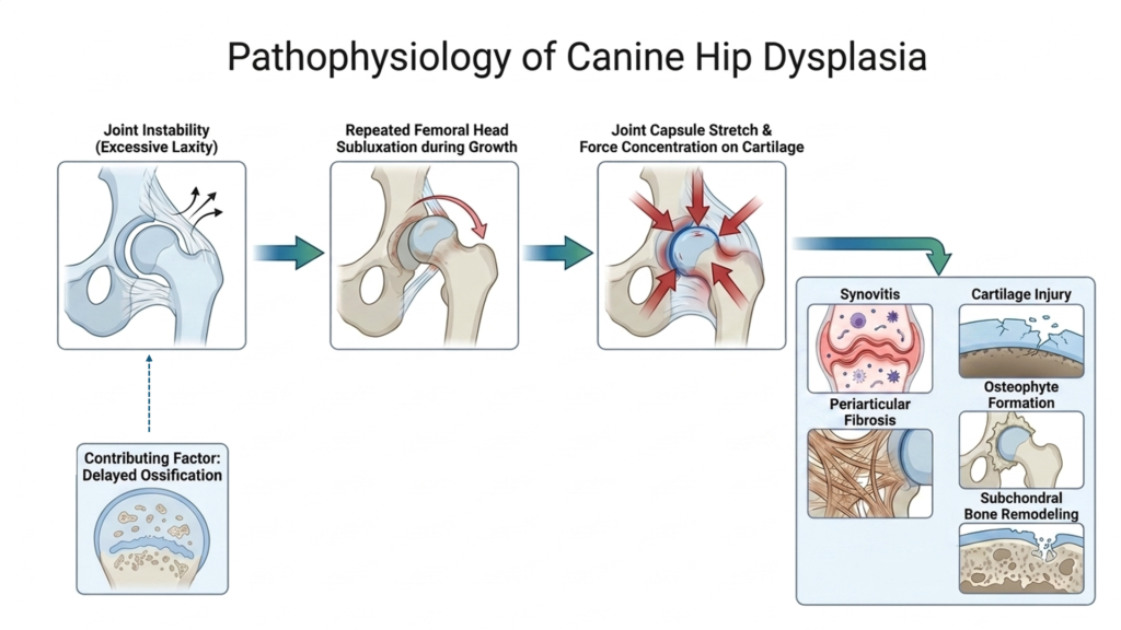 Illustration showing abnormal hip joint laxity and changes associated with canine hip dysplasia.