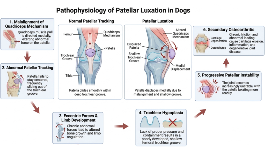 Illustration showing abnormal patellar tracking and limb changes associated with canine patellar luxation.