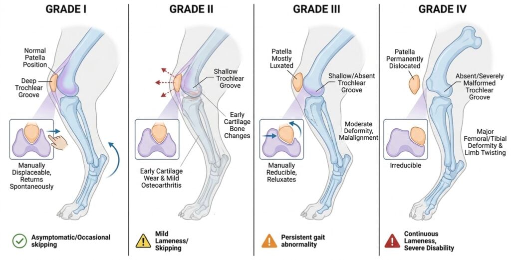 Illustration showing the four grades of canine patellar luxation, from mild intermittent displacement to permanent luxation.