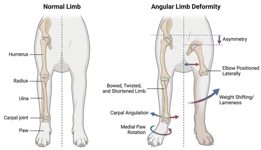 Illustration showing physical signs of canine angular limb deformity, including abnormal limb angulation and paw position.