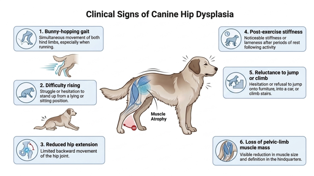 Illustration showing common clinical signs of hip dysplasia in dogs, including altered gait, stiffness, and difficulty rising.