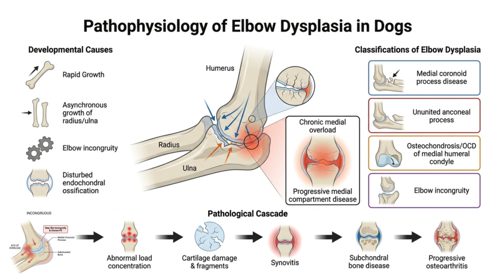 Illustration showing developmental abnormalities and joint changes associated with canine elbow dysplasia.