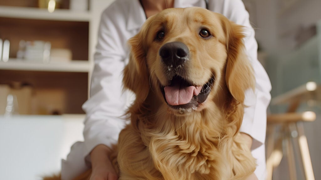 Relaxed golden retriever sits with a veterinarian in a white coat in a warm, welcoming clinic setting.